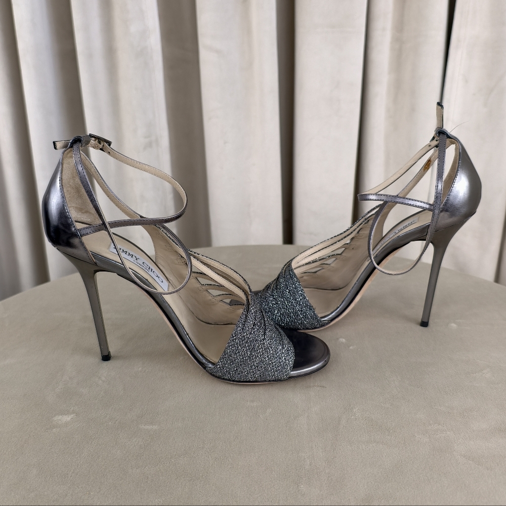 Jimmy Choo Glittering Metallic Silver Open-Toe Heels - Picture 4 of 8